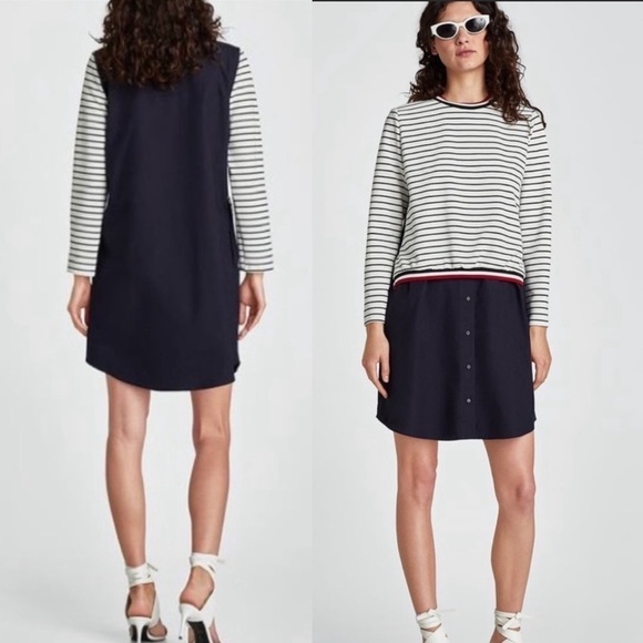 Zara Striped White Navy Long Sleeve Button Front Shift Dress half Sweater XS - Picture 2 of 16